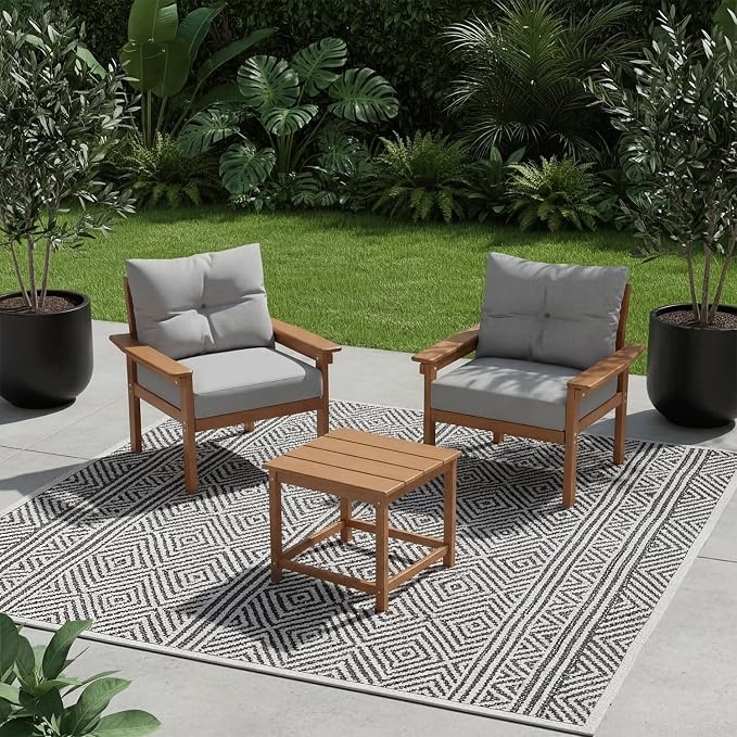 HDPE 3 Piece Patio Furniture Set, All-Weather Outdoor Couch Bistro Set with Thick Cushions & Side Table, Patio Conversation Sets for Lawn, Garden, Porch, Balcony, Deck, Poolside, Teak & Grey