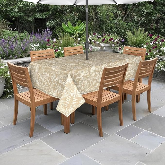 DYTXIII Outdoor Rectangle Tablecloth with Umbrella Hole and Zipper 84" x 60", Water Repellent Floral Picnic Cover, Fade & Wrinkle Resistant Tablecloth for Patio/Garden/Party Table, Tropical Leaf Oat