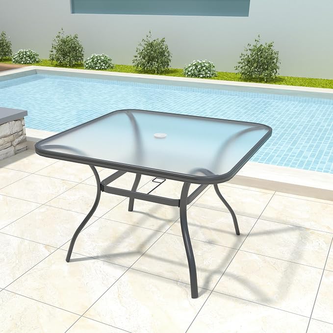 Anmutig 5-Piece Outdoor Patio Dining Set 37-Inch Square Glass Table with 4 Stackable Chairs for Lawn Backyard and Deck, Beige Grey