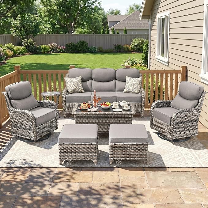 Luxury Patio Furniture Set 7pcs with 6-inch Cushion, Outdoor Furniture with Coffee Table, Swivel Chairs, Sofa, Side Table, Ottomans, Patio Set for Deck Yard and Poolside Grey Wicker | Grey Cushions