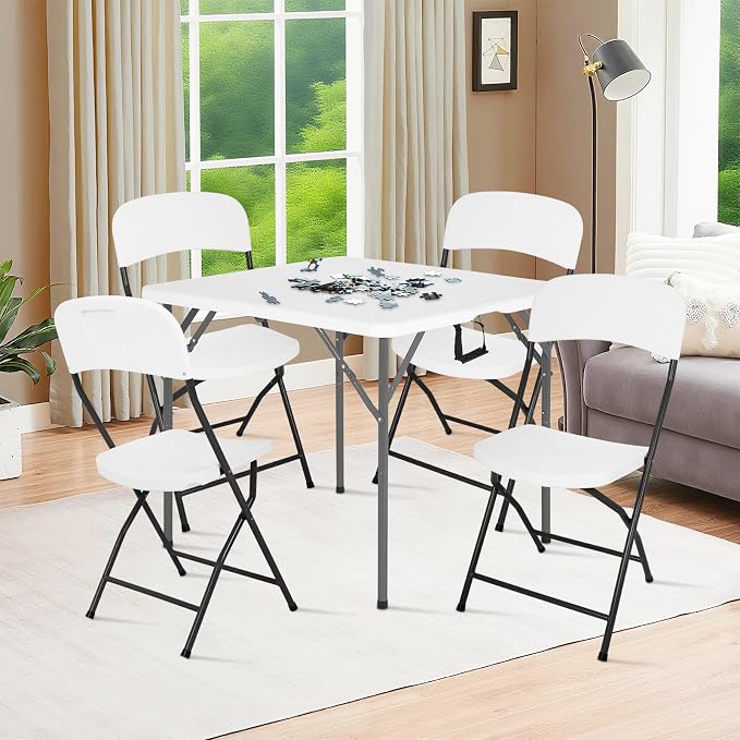 34" Folding Card Table and Chairs, Outdoor Folding Chairs Set of 4, Folding Table with Handle for Parties, Picnic, Event, Indoor Outdoor Activities, at Home and Commercial Use, White