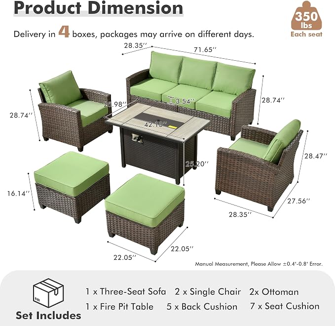 ovios 6 Pieces Patio Furniture Set, Outdoor Wicker Sofa Couch with 42" Fire Pit Table Comfy Cushions, All Weather Brown Rattan Conversation Set for Backyard Deck, Green