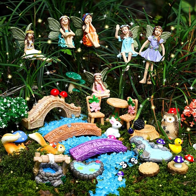 100 Pcs Fairy Garden Accessories Miniatures Figures Kit | Micro Landscape Terrarium Ornaments Resin Mushroom Animal Fake Pond Lawn Bridge Garden Decoration