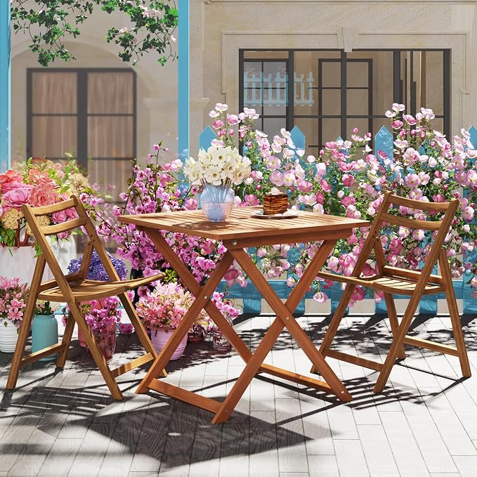 Byroce Outdoor Patio Table, 29.5” x 29.5” Folding Bistro Table with Slatted Tabletop & 2” Umbrella Hole, Solid Wood Outdoor Dining Table, Portable for Backyard, Poolside & Balcony (2, Square)