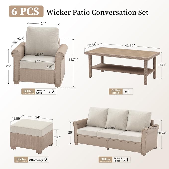 SUNSHINE VALLEY Patio Furniture Set, Wicker Outdoor Furniture Set with 5.5" Thick Cushions, 2 Chairs, 2 Ottomans and Fire Pit Table, 6 Pieces Patio Conversation Set for Backyard Deck, Beige