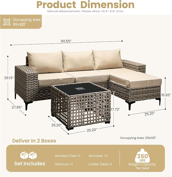 HOOOWOOO Outdoor Sectional Furniture Set with Solar Table,5 Pieces Wicker Patio Conversation Sets,L Shape All Weather Resistant Outside Couch Sofa Ottoman,Beige
