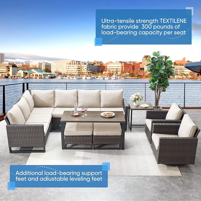 Belord Outdoor Sectional Sofa 6 Seater L Shaped Couch Wicker Patio Conversation Furniture Set Rattan Outdoor Furniture with Removable Washable Cushion, Brown/Beige