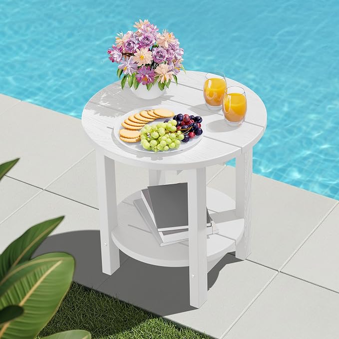 SERWALL Round Outdoor Side Table Set of 2, HDPE Small Adirondack Double End Table, White
