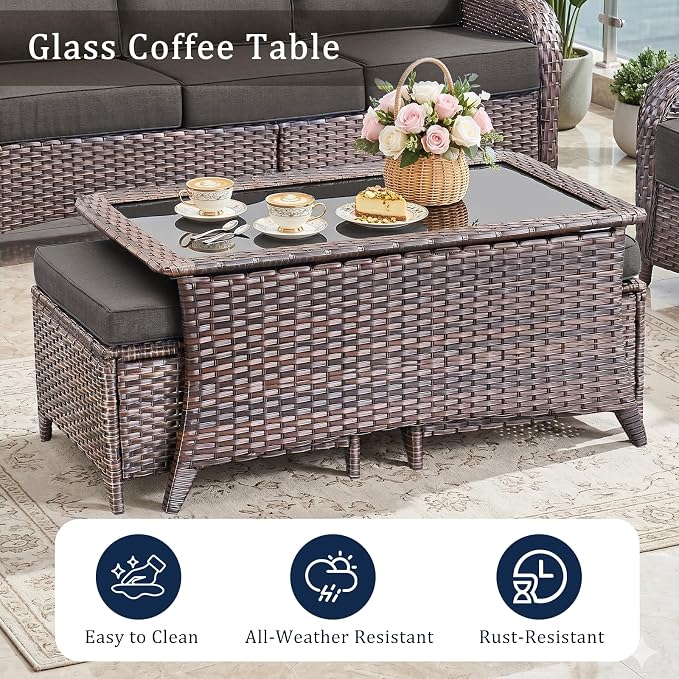 Luxury 6" Thick Cushion 11 Pieces Wicker Patio Furniture Set with High Back Swivel Rocker Chairs of 4, Outdoor Conversation Set with Patio Couch for Deck Porch Yard and Poolside