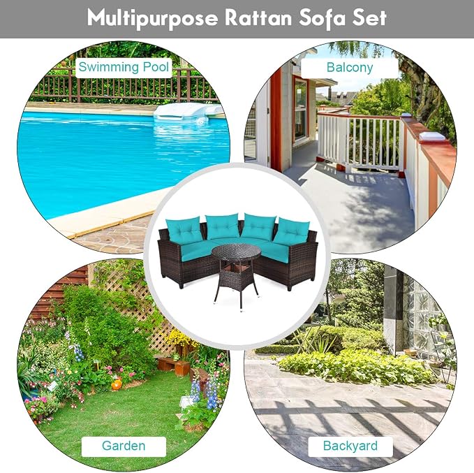 Tangkula 4-Piece C Shape Patio Furniture Set, Outdoor Corner Wicker Rattan Sectional Cushioned Sofa Set, with Glass Coffee Table, for Garden Poolside Balcony (Turquoise)