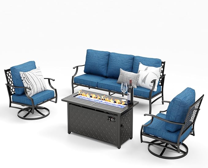 MIXPATIO Patio Furniture Set, 4 Pcs Metal Outdoor Conversation Set, 2 Swivel Chairs and 3 Seater Sofa with 5.75" Extra Thick Cushion and Gas Fire Pit Table for Backyard Deck, Gemstone Blue
