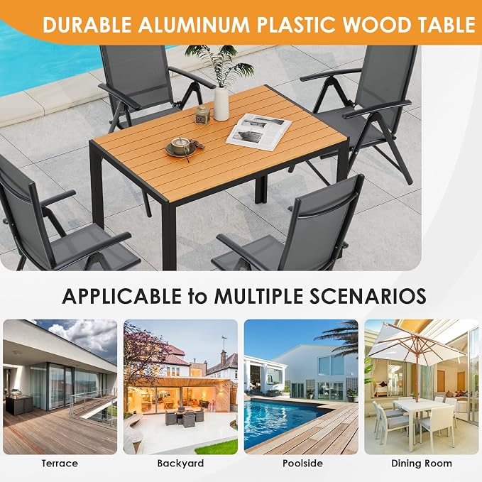 TLSUNNY Outdoor Dining Table 43×28in,Rectangle Patio Dining Table with Aluminum Frame & WPC Tabletop, Weather Resistant, Ideal for Patio, Garden, Porch, Brown