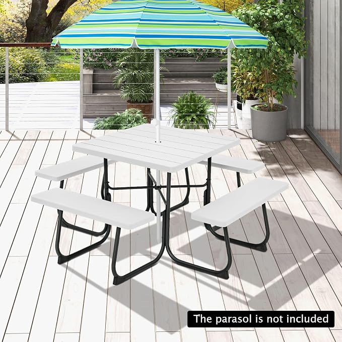 Giantex Picnic Table Set for 8 Persons, Outdoor Table and Bench with Umbrella Hole, HDPE Top & Metal Frame, 500LBS Capacity, Square Patio Table Bench for Deck Backyard Garden (White)