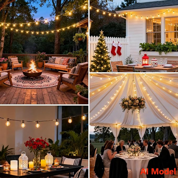 25 FT 2200K Outdoor String Lights,13 Plastic Edison Bulbs, E12 Base | G40 globe shatterproof bulbs, IP65 waterproof, dimmable LED, for backyard porch balcony party decor