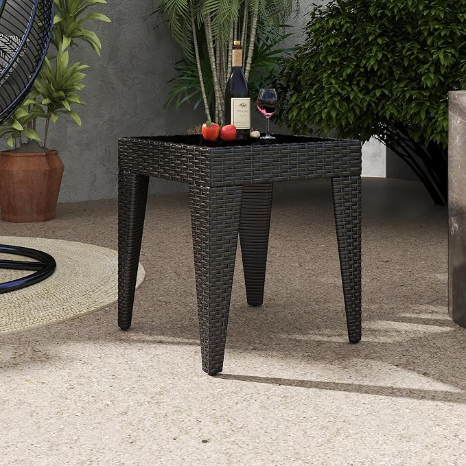 Outdoor Small Patio Table - PE Rattan Coffee Table, Wicker Side Table for Patio, Balcony & Porch, Durable & Iron Frame (1, Rattan Black)