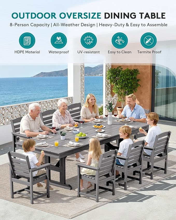 SERWALL Outdoor Dining Table, 84" Rectangular Dining Table for 6-8 Person, All Weather HDPE Outdoor Furniture for Backyard, Garden, Gray