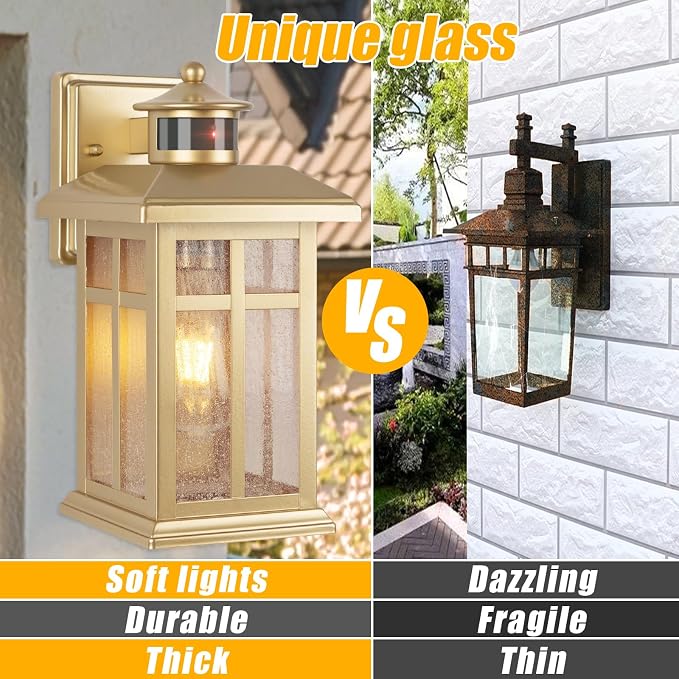 Exterior Motion Wall Sconce, 2 Pack Outdoor Light Fixture Wall Mount Gold | Hardwired Exterior Light Sconces with E26 Sockets & Tempered Glass, Wall Mounted Black Waterproof Outdoor Lights for House