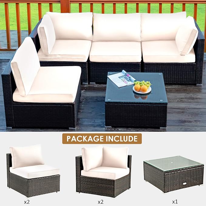 COSTWAY 5-Piece Outdoor Patio Furniture Set, PE Rattan Sofa Chairs with Cushions and Tempered Glass Coffee Table, Conversation Sofa Set for Backyard Garden (White)