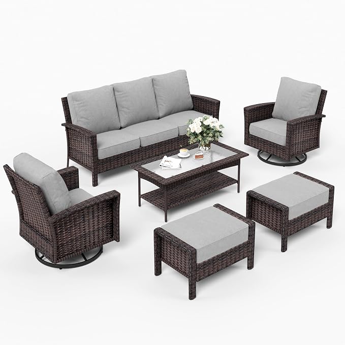 SUNSHINE VALLEY 6 Piece Patio Furniture Set with Swivel Chairs, High Back Wicker Rattan Sofa with Extra Thick Cushion, Coffee Table and Ottoman, Outdoor Conversation Set for Backyard Deck, Grey
