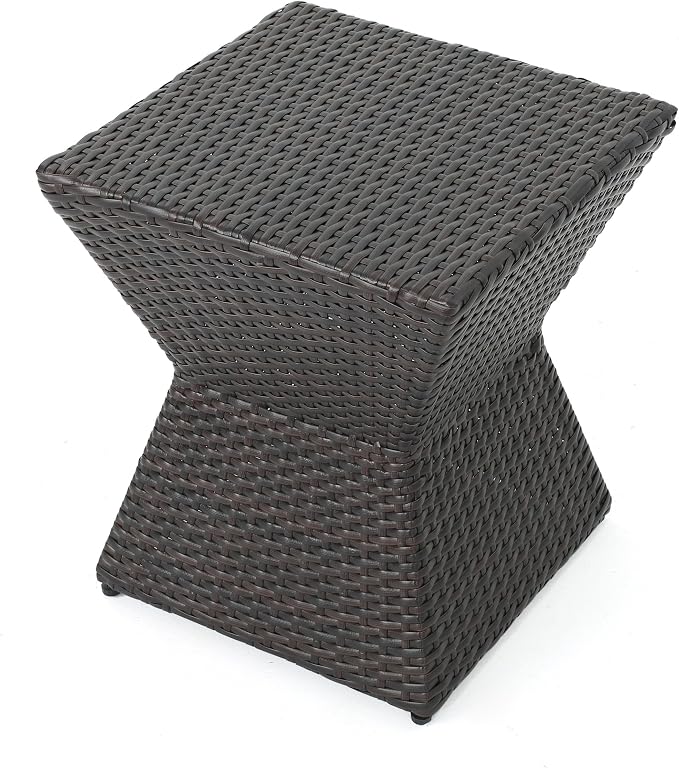 Outdoor Wicker End Table with No Assembly, 16.25" Geometric Side Table, PE Rattan Accent Table for Patio Balcony Deck, Weather Resistant, Brown