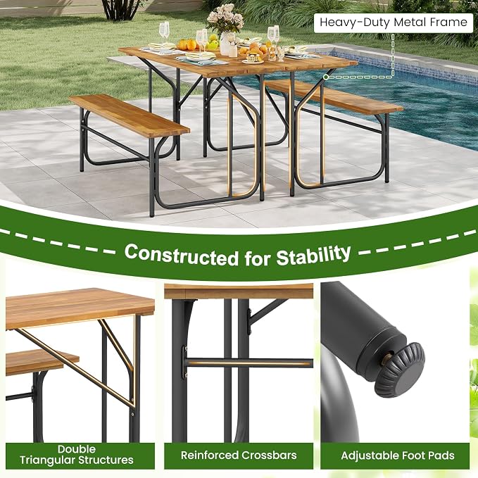 HAPPYGRILL Picnic Table Bench Set for 2, Acacia Wood Dining Table and Bench Set with Heavy Duty Metal Frame, for Patio, Porch, Garden and Backyard