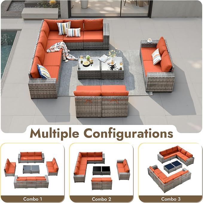 12 Pieces Patio Furniture Set, Wicker Outdoor Sectional Sofa with Coffee Table Comfy Cushions, Modern Modular Deep Seat Rattan Couch Conversation Set for Backyard Porch Yard,Orange