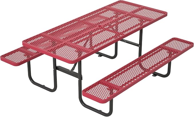 72'' Rectangular Metal Picnic Table with 1.73" Umbrella Hole, Heavy-Duty Commercial Grade Steel Mesh Table Set, Weather Resistant Sturdy for Outdoor, Smooth Round Corner Design, Red