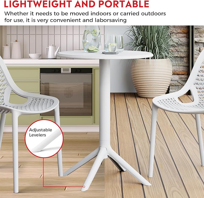 Costaelm Patio Table for 4-Person, Outdoor Patio PP Round Dining Table, All-Weather Bistro Dining Table for Backyard Deck Porch Poolside, White