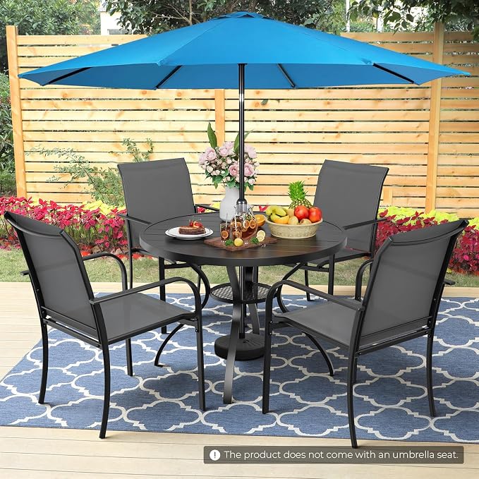 Incbruce 6 PCS Patio Dining Set with Sky Blue Umbrella, Outdoor Dining Set of 4 Textilene Chairs and 41" Round Table with Umbrella Hole for Backyard, Garden, and Poolside (Grey)