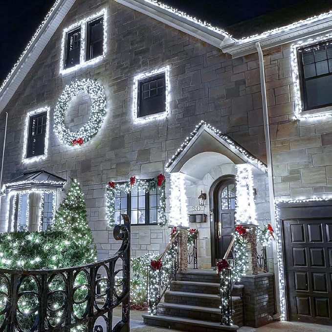 White Christmas Lights Outdoor, 66FT 200 LED Christmas Tree Lights | Waterproof 8 Modes Plug in Connectable String Lights for Outside Bedroom House Patio Garden Party Wedding Decorations