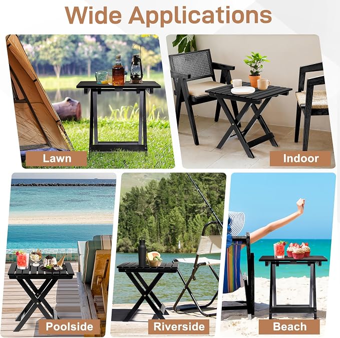 Outvita Wood Folding Side Table, Portable & Lightweight Compact Wooden Side Table, 18 inch Height for Camping Outdoor, Indoor, Patio, Porch, Balcony - Square, Black
