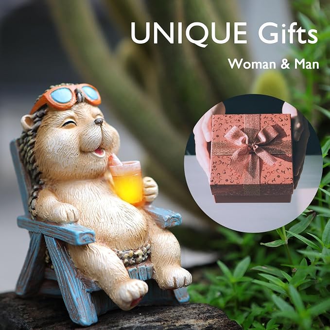 FOXMIS Hedgehog Statue Outdoor Solar Garden Decor for Outside Lawn Yard Patio, Home Office Decorations Indoor Lights, Ideal Ornaments Birthday Gifts for Mom Women Grandma