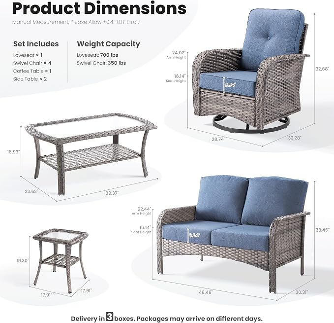 ovios 8-Piece Patio Furniture Set, Outdoor Wicker Sofa with Swivel Chairs Coffee Table, High Back Rattan Couch Loveseat with Comfy Cushions for Porch Yard Deck, Denim Blue