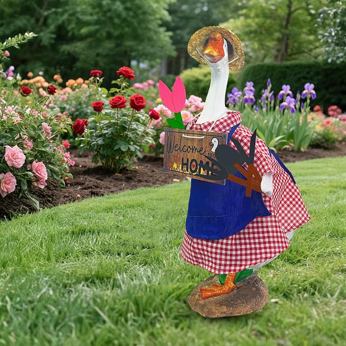 Gardener Porch Goose Summer Outfits Fits 23 inch, Spring Gardening Geese Statue Clothes Costume with Hat Shirt Apron Tools Flower, Garden Outdoor Yard Lawn Patio Decoration