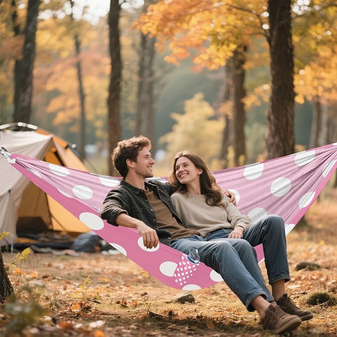 Pink Polka Dots Camping Hammock, Portable Lightweight Single Hammock with Tree Straps and Aluminum Carabiners, 114" x 54" Travel Hammock for Hiking Backpacking Beach