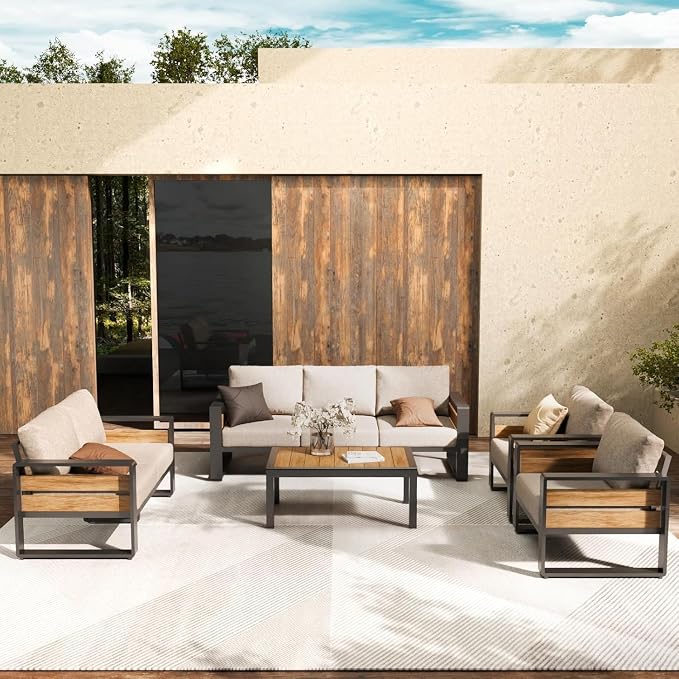 5-Piece Outdoor Patio Furniture Set with Modern Metal Sectional Sofa, Washable Thick Cushions and Coffee Table for Garden Backyard Porch(Beige)