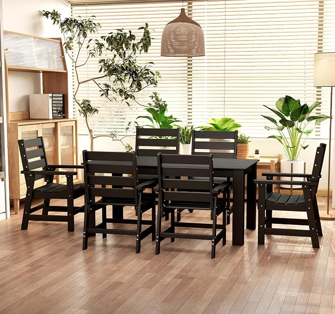 BRIOPAWS Outdoor Dining Table | HDPE | 67” Patio Rectangle Tables | All Weather | Umbrella Hole | Patio Furniture Set for 4-6 Person | Black