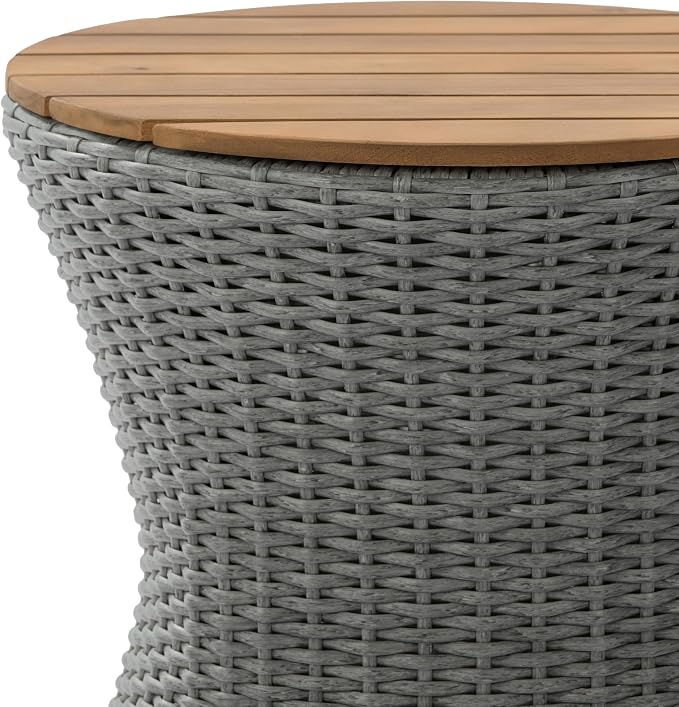Christopher Knight Home Fenton 17.5" Outdoor Side Table, Round Patio End Table with Wood Top and Wicker Base, Small Outdoor Coffee Table for Balcony Garden Poolside, Accent Garden Stool, Grey+Natural