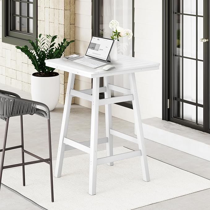 Costaelm Outdoor Bar Table, 42" Counter Height Square Patio Cocktail Bar Table with Umbrella Hole, Patio Bistro Dining Pub Table for Front Porch Deck Backyard Garden, White