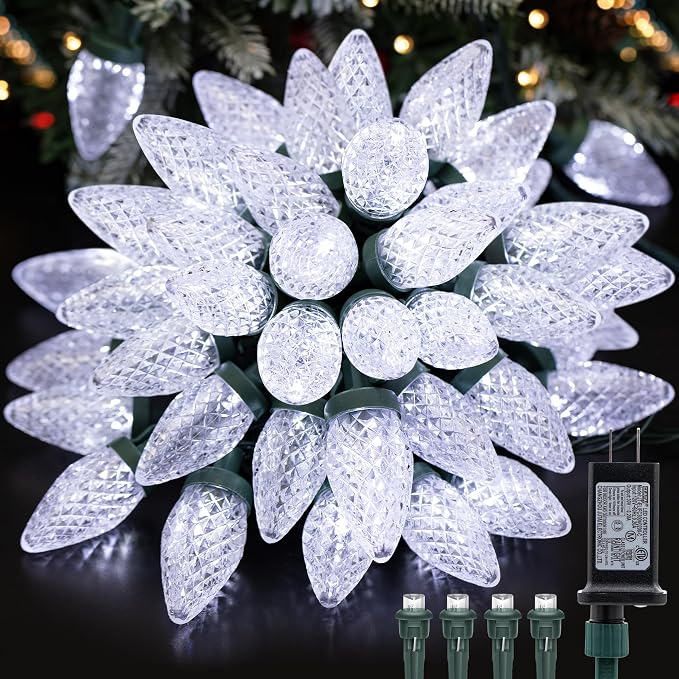 C9 LED Christmas Lights Outdoor,33 Feet 50 LED 8 Lighting Modes Waterproof Connectable Christmas String Lights for Outside Roofline Patio Home Xmas Decorations (White)