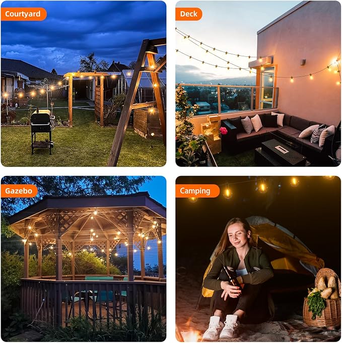 Kawaya G40 Outdoor String Lights Solar 31FT IP65 2700K LED Patio Light | IP65 Shatterproof Hanging Edison Blubs,2700K Warm White for Garden Porch Fence Camping Party Backyard Deck Bistro Balcony