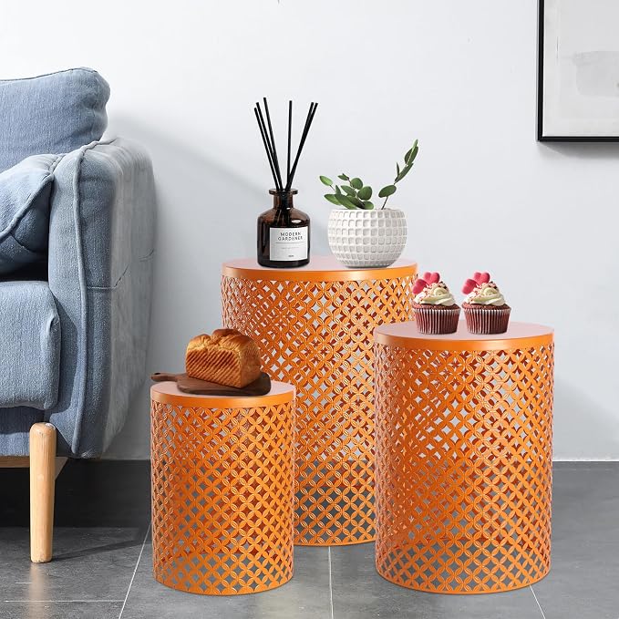 Metal Frame Accent Table,Cylindrical Outdoor Side Table,Decorative Garden Stool,Set of 3 Nesting Side Table,Modern Decorative Garden Stool for Patio Balconies Cafes Parks (3, Orange)