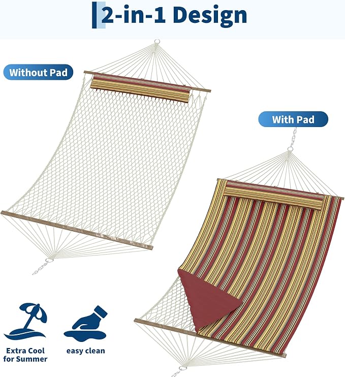 Garvee Double Quilted Hammock – 450 lbs, Hardwood Bars, Pillow Included | Soft yet durable quilted fabric – resists wear and retains shape.