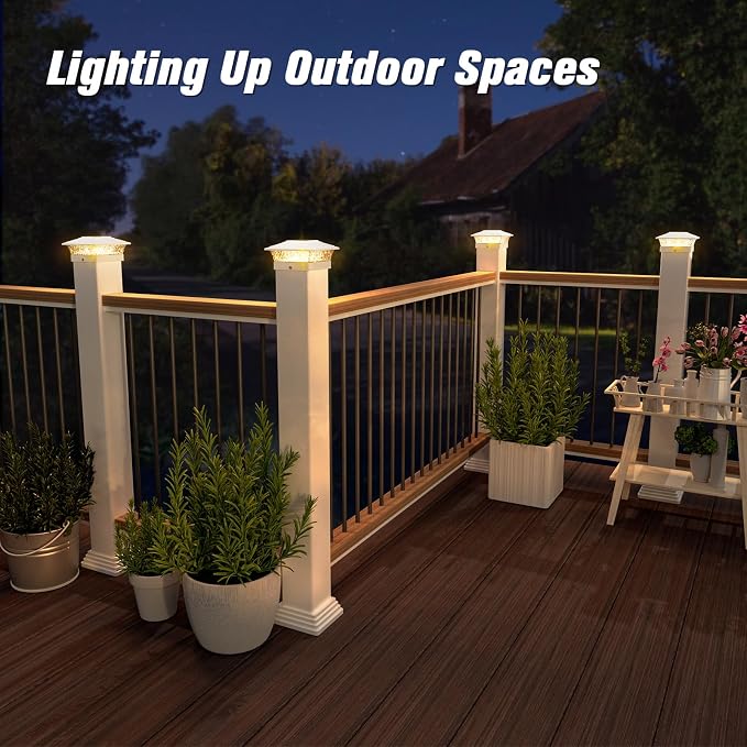 Solar Post Cap Lights Outdoor 6pack, Waterproof Fence Post Lights with 16 Ultra Bright LEDs Fit 4x4/5x5/6x6 Wood/Vinyl Posts, White Deck Post Lights with Warm/Cool White for Garden, Patio, Porch, Yard