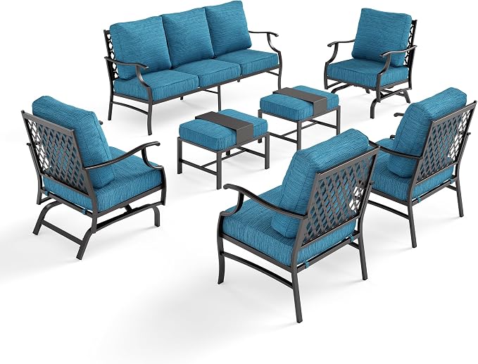 SUNSHINE VALLEY 7 Piece Metal Outdoor Patio Furniture Sets, Patio Conversation Sets 3-seater Sofa, 2 Fixed Chair, 2 Rocking Chair, 2 Ottomans with 5.75" Thick Cushion, Black Backyard Furniture, Blue-2