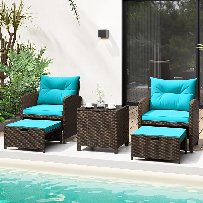 COSTWAY 5-Piece Rattan Conversation Set, Outdoor Wicker Sofa, Tempered Glass Coffee Table & Ottomans for Small Space, Boho Chic Indoor/Outdoor Furniture Set for Poolside, Backyard, Deck (Turquoise)