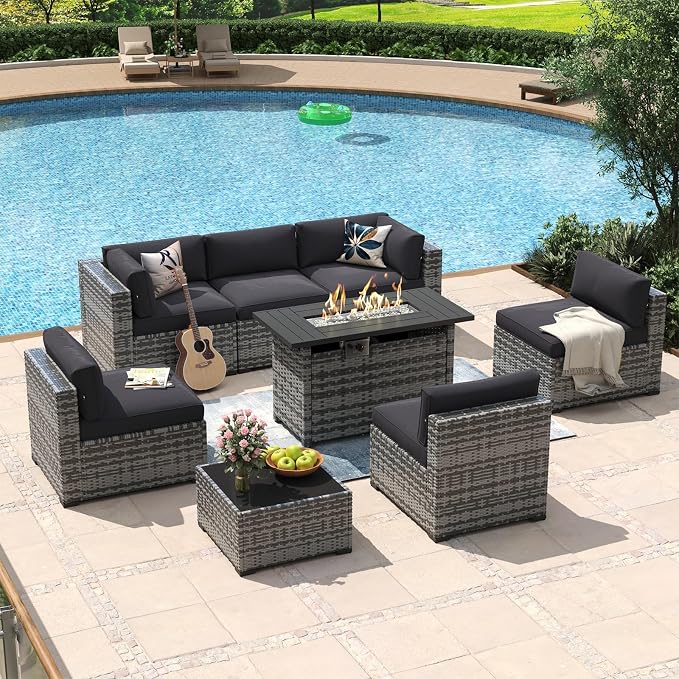 Aoxun 8 Piece Patio Furniture Set with 44” Fire Pit Table Wicker Rattan Outdoor Sectional Sofa Set with Coffee Table and Thickened Cushions, Black
