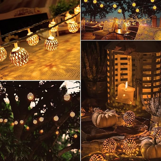 Brightown Solar Moroccan String Lights Outdoor 60 LED 36 Ft Globe Fairy Lights with 8 Lighting Modes, Waterproof Solar Powered String Lights for Garden Yard Gazebos Camping Party Holiday (Warm White)