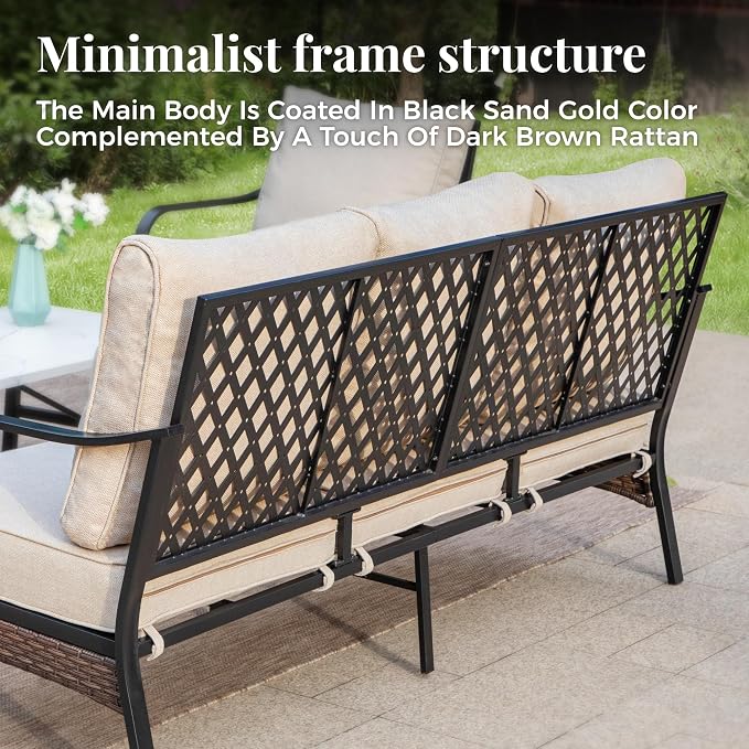 MIXPATIO Patio Furniture Set with Fire Pit Table, Metal Outdoor Conversation Set with 5.75'' Extra Thick Cushion, 2 Leg Chairs, Loveseat Sofa, 3-Seat Sofa and Gas Fire Pit Table, Beige