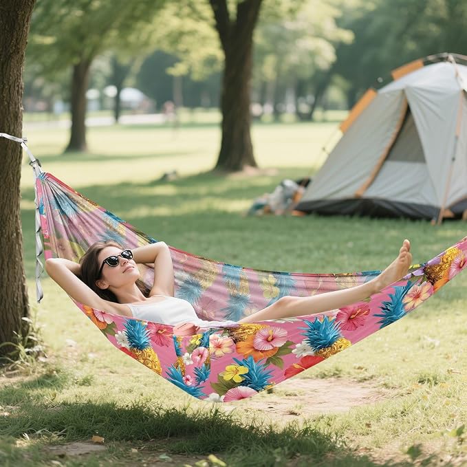 Camping Hammock Outdoor Hammocks for Outside Hibiscus Flower Pineapple Beach Trees Portable Lightweight with Pockets Tree Straps Indoor